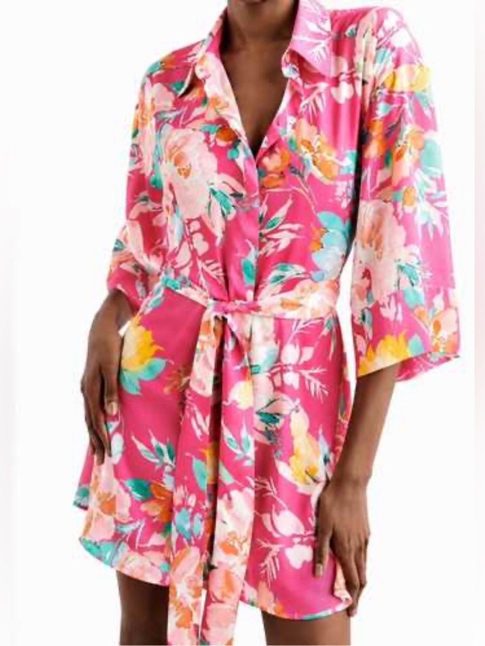 Zara Pink Floral Short-Sleeve Button-Down Shirt dress